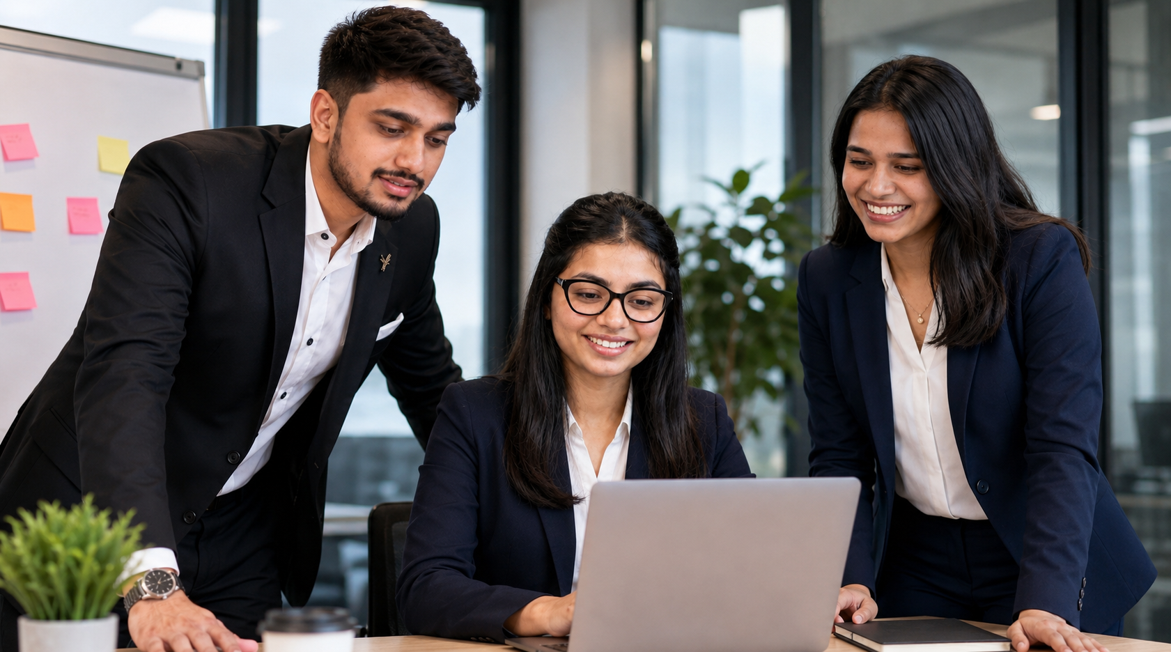 Three KRAM Creative team members reviewing work together on a laptop