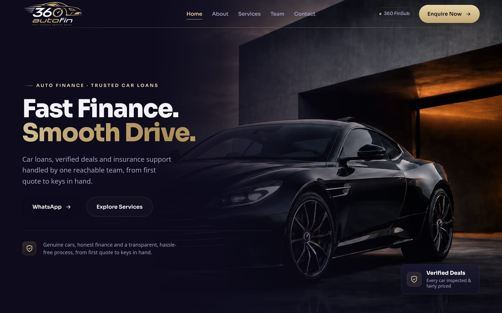 360 AutoFin home page in its dark theme, showing a black car in a dim concrete garage