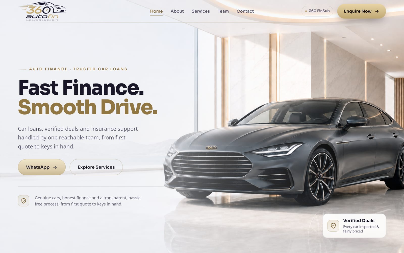 360 AutoFin home page: the headline Fast Finance. Smooth Drive. beside a silver car in a bright showroom, with WhatsApp and Explore Services buttons