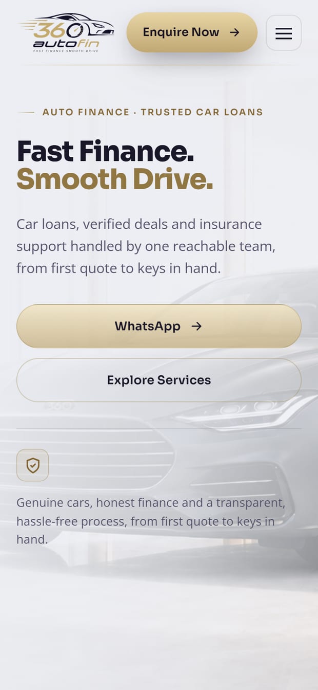 360 AutoFin home page on a phone, with the headline and call-to-action buttons stacked