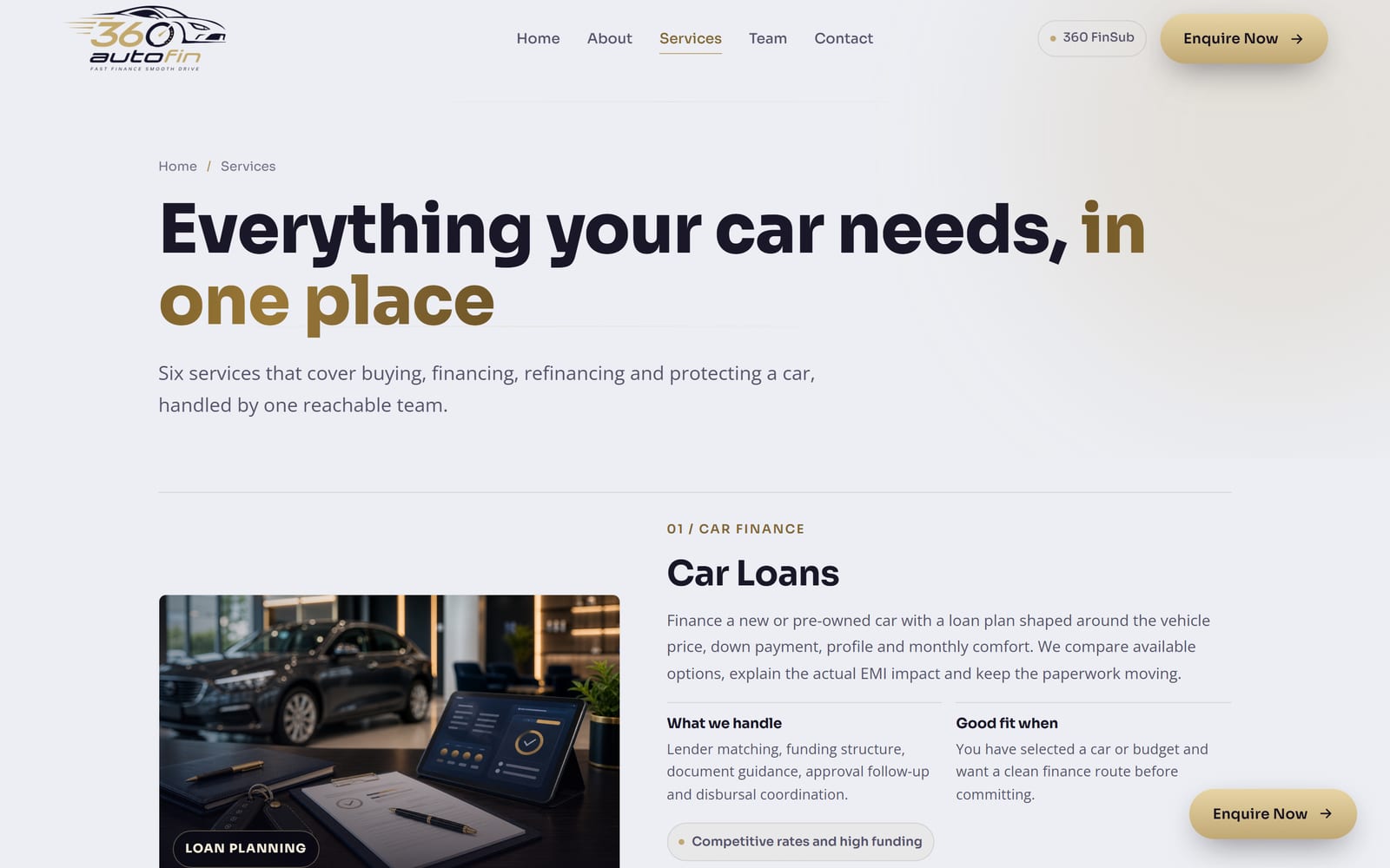 360 AutoFin services page: the headline Everything your car needs, in one place, above a detailed Car Loans section