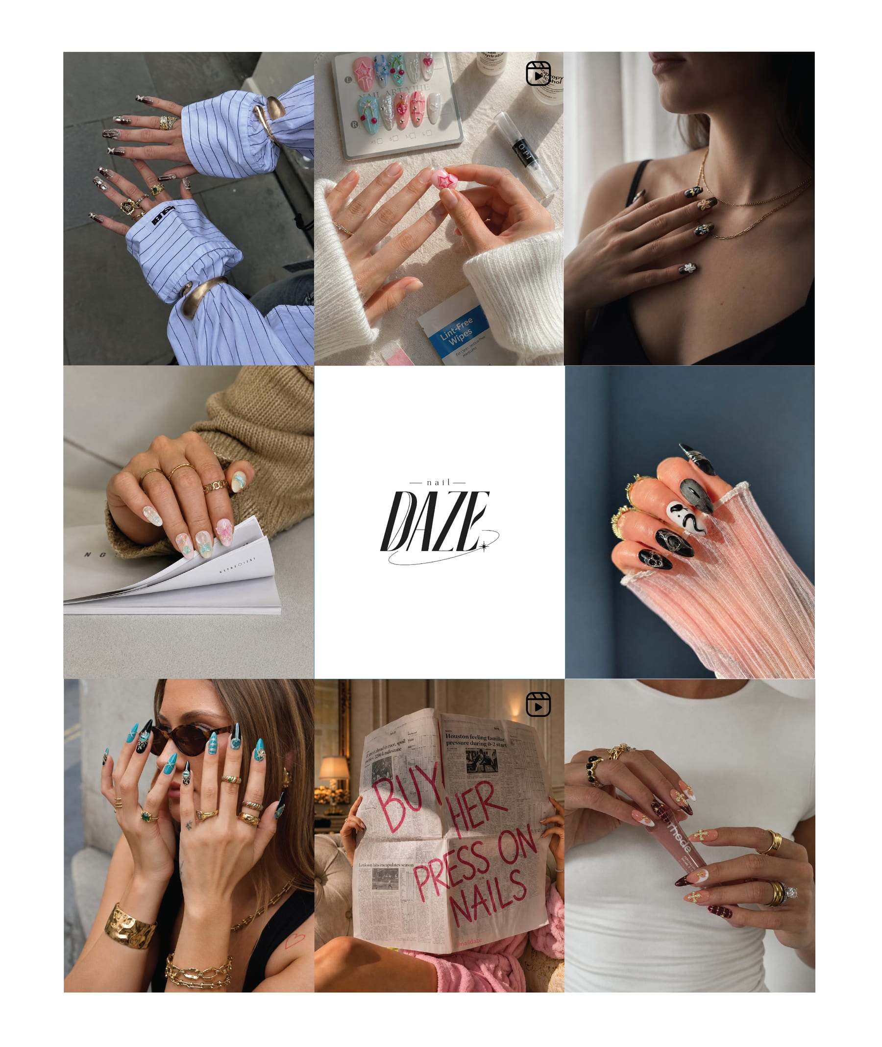 Nail Daze Instagram grid: nine tiles alternating nail art close-ups, product shots, and editorial fashion imagery, with the wordmark in the centre tile