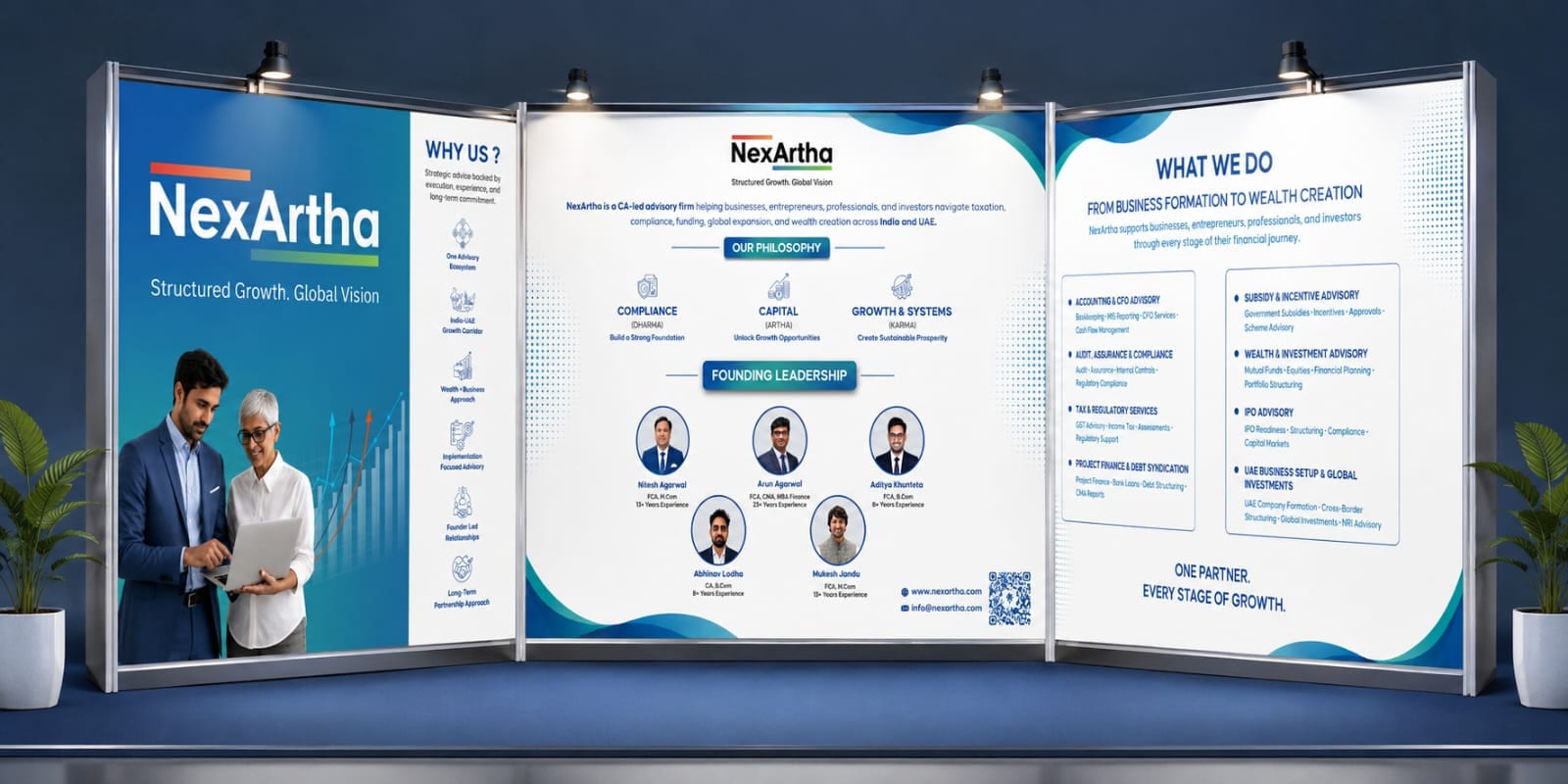 NexArtha three-panel exhibition booth: the wordmark and tagline, the firm's philosophy and founding leadership, and a full service list