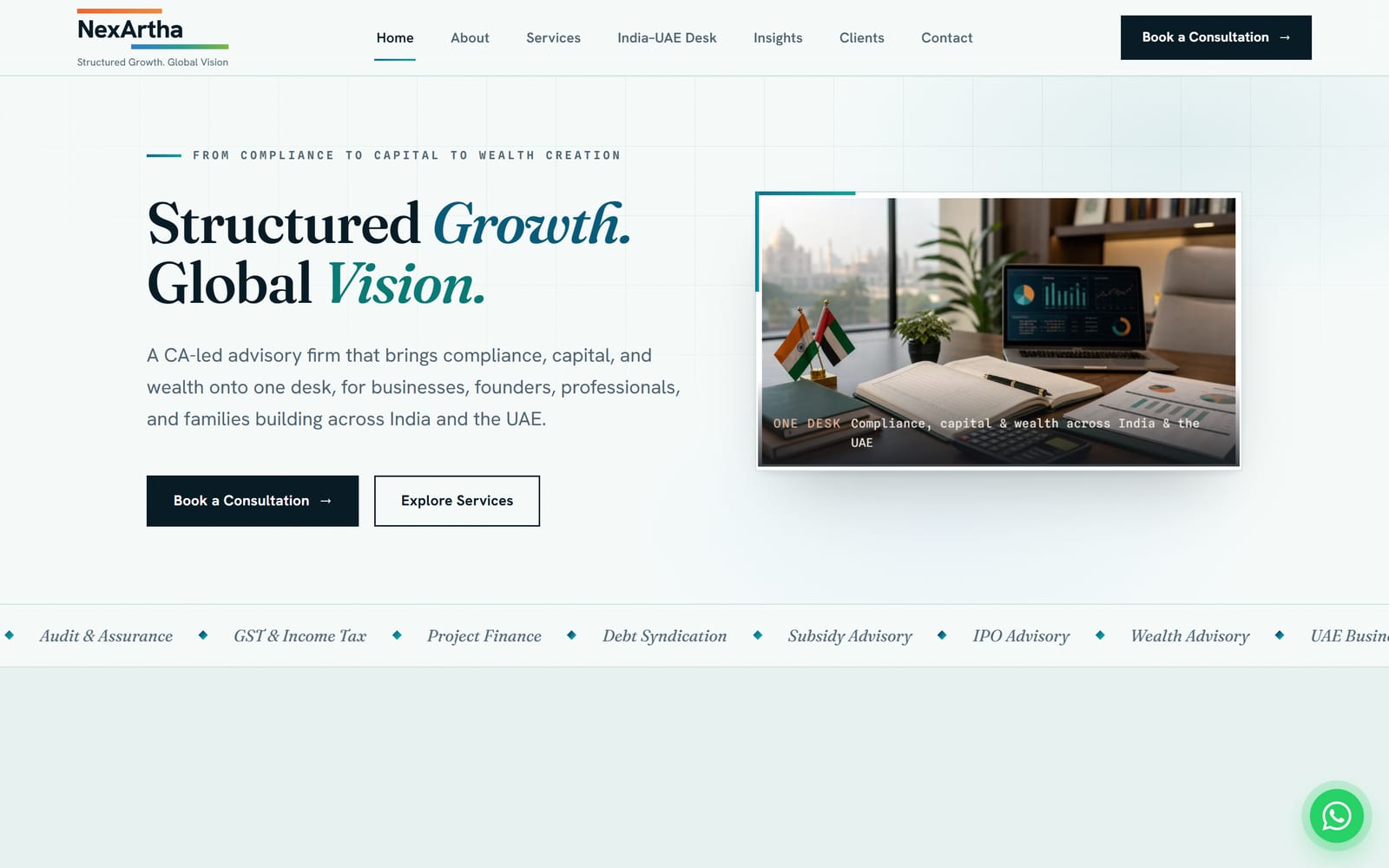 NexArtha home page: the headline Structured Growth. Global Vision. beside a desk with Indian and UAE flags