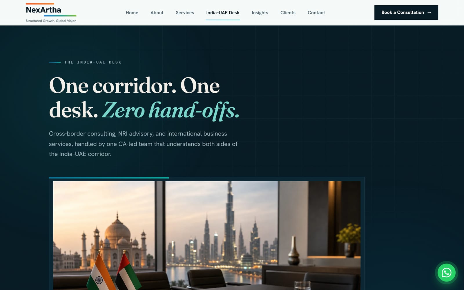 NexArtha India-UAE Desk page, covering cross-border advisory