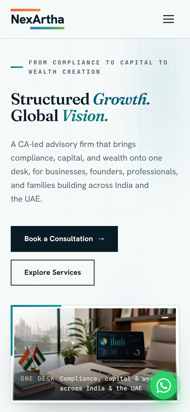 NexArtha home page on a phone, with the headline and consultation button stacked