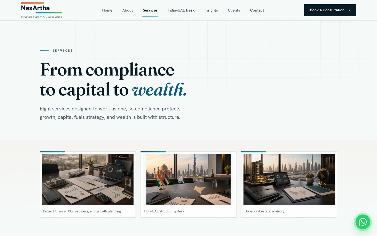 NexArtha services page listing the firm's advisory verticals